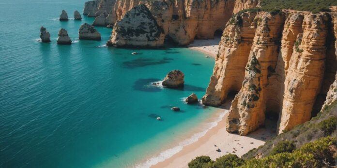 Algarve cliffs and turquoise waters under sunlight.