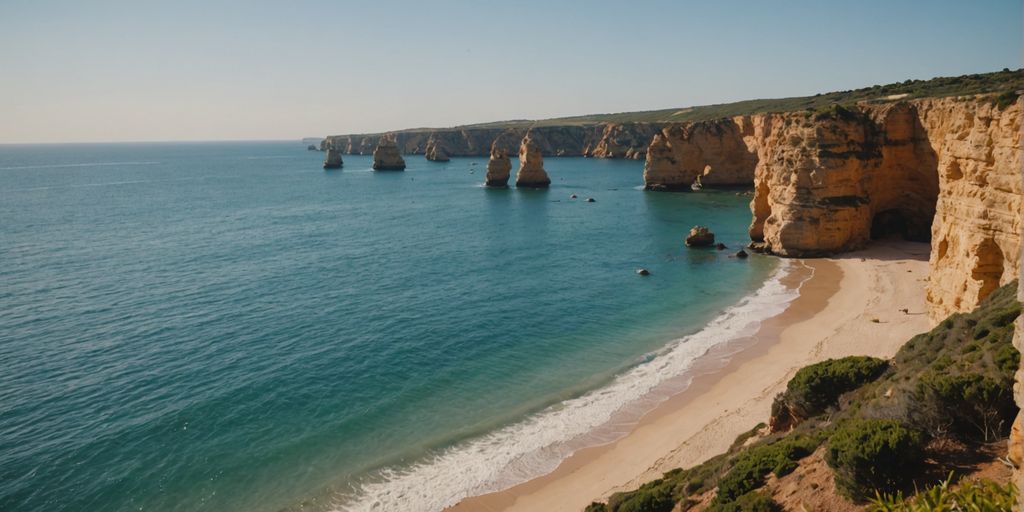 Beautiful Algarve coast with cliffs and ocean waves