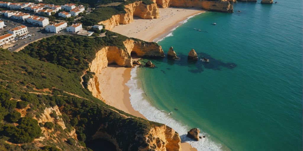 Aerial view of Algarve's stunning coastline and beaches.