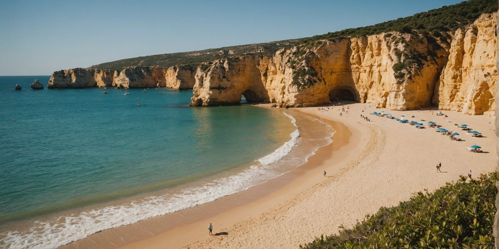 Golden cliffs and clear waters at Algarve beach.