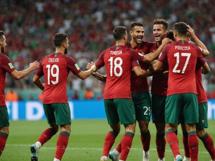 Portugal team celebrates goal in Euro 2024 match