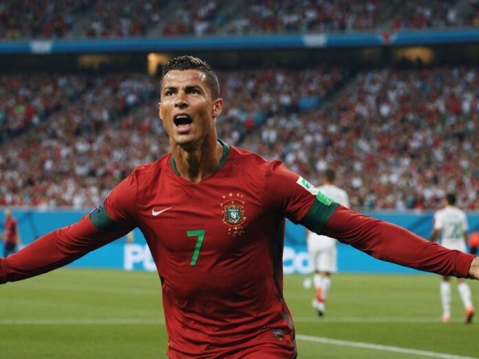 Ronaldo celebrates goal in Portugal jersey, Euro 2024.