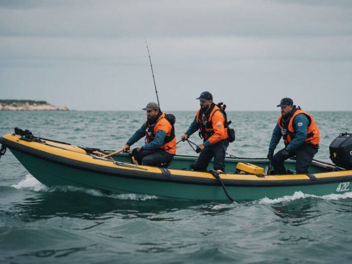 Rescue team saves fishermen from sinking boat near Olhão.