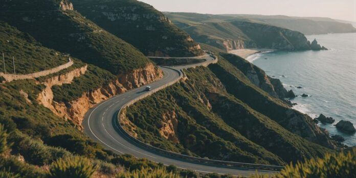 A scenic coastal road in Portugal's Algarve region.