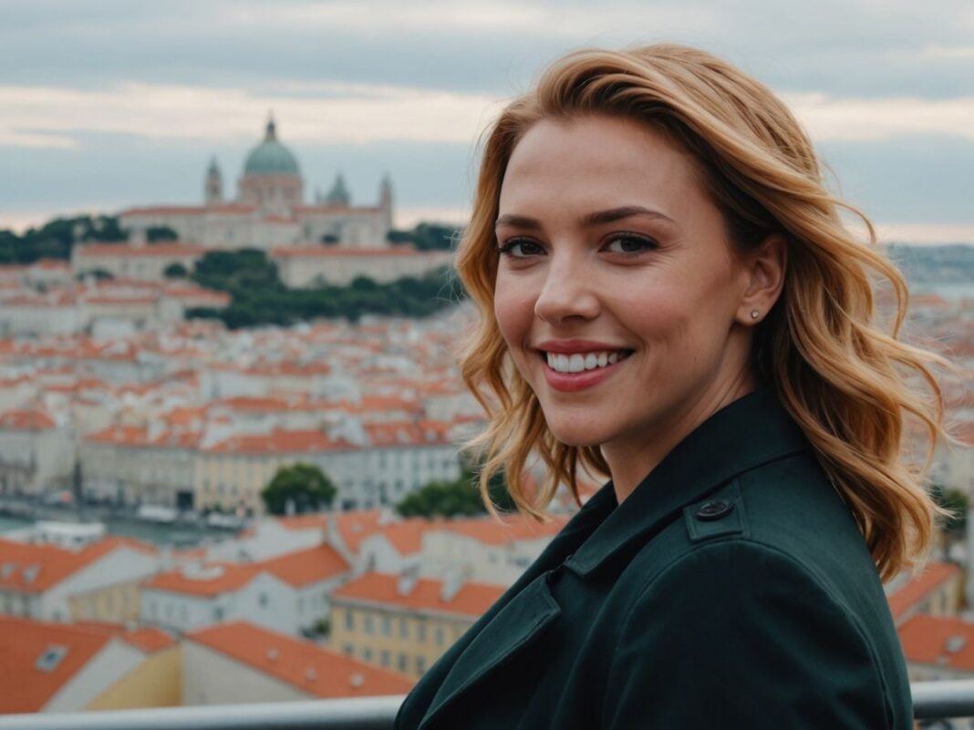 Scarlett Johansson in Lisbon with cityscape background.