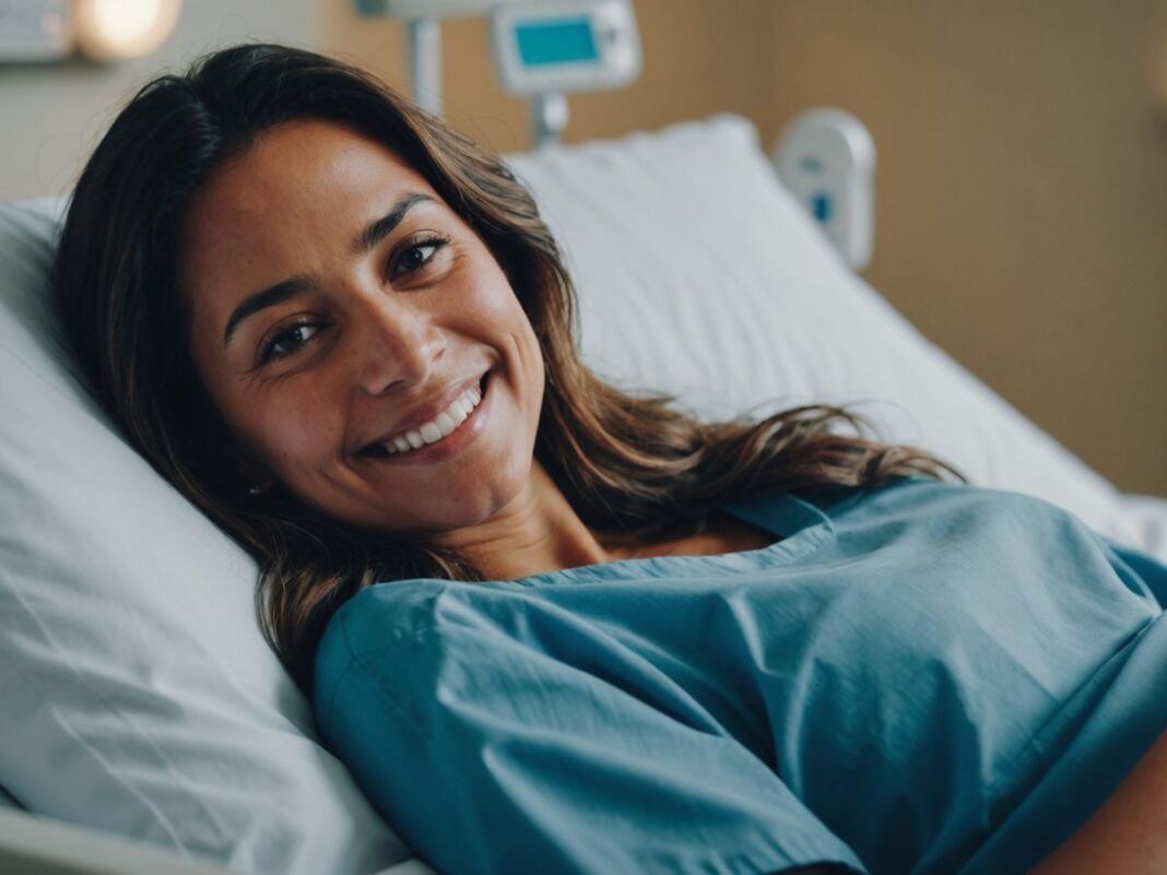 Patrícia Mamona smiling in hospital bed post knee surgery.