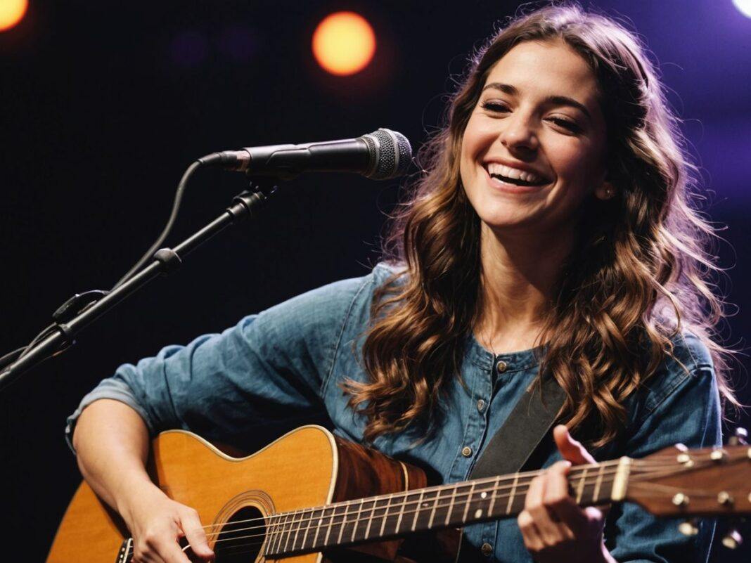 Luísa Sobral playing guitar on stage, smiling brightly.