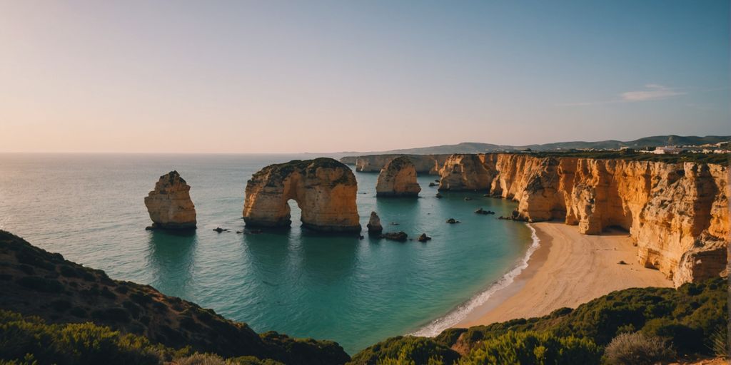 Beautiful Algarve coastline at sunset with cliffs and ocean