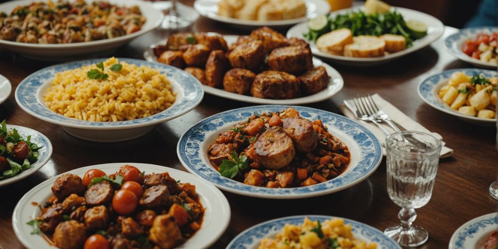 Assorted traditional Portuguese dishes served on a dining table.