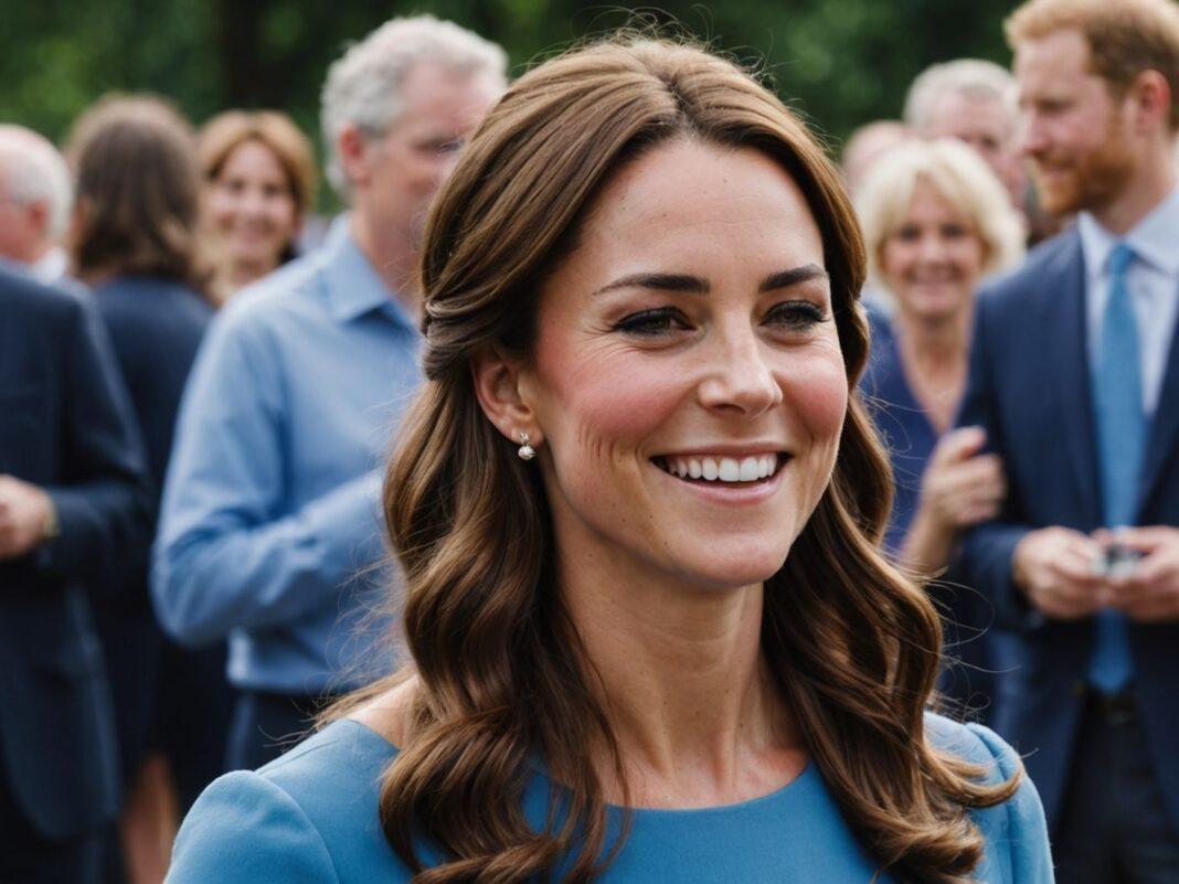 Kate Middleton smiling in a blue dress at an event.