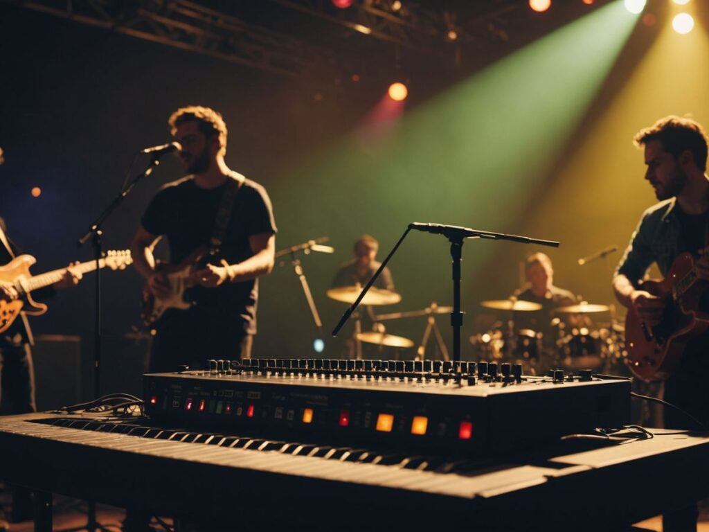 Musicians on stage with lights and instruments.