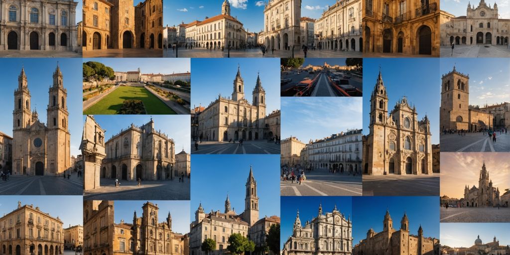 Collage of Portugal, Spain, and France historic landmarks.