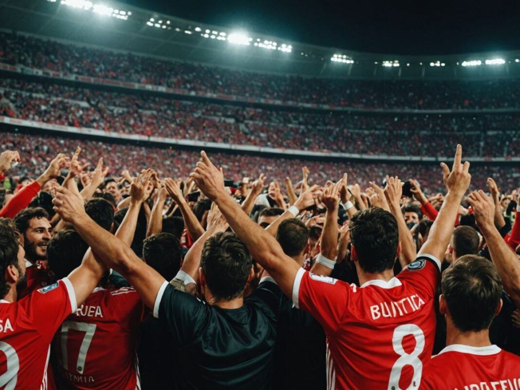 Benfica players celebrate win with fans in stadium.