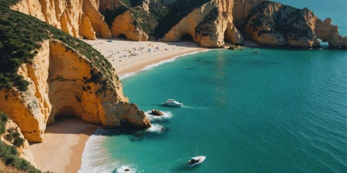 Scenic view of Algarve's golden cliffs and turquoise waters