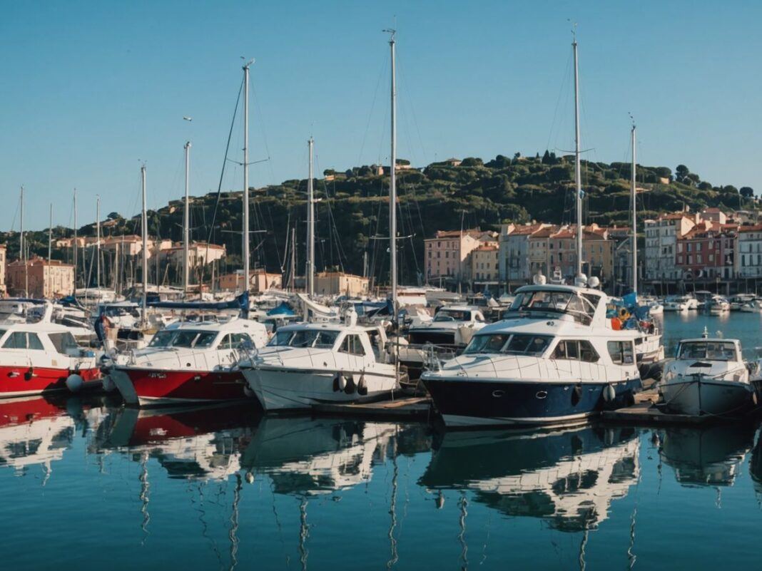 Colorful boats at Horta Marina with clear blue sky.