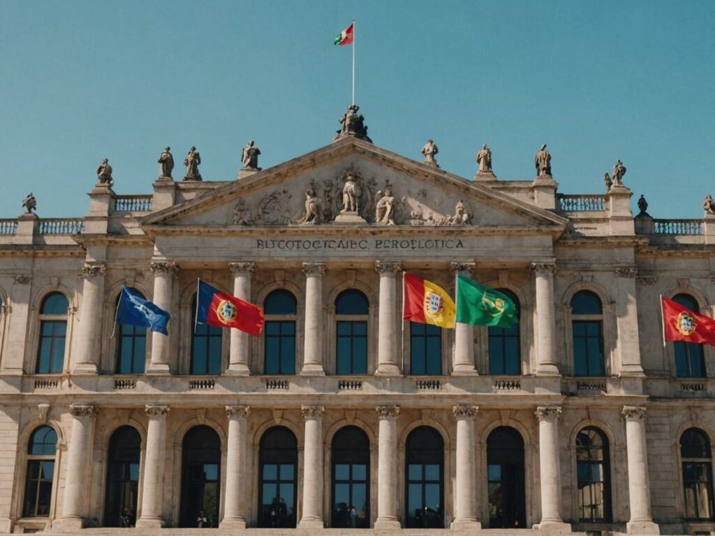 Portuguese parliament with flags representing different political parties