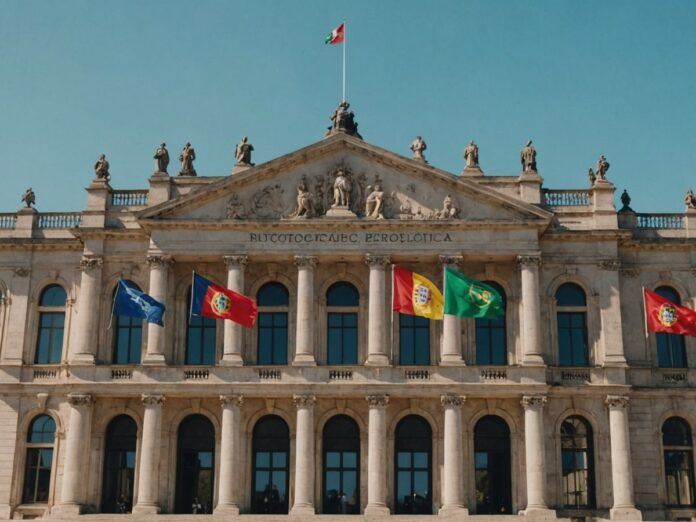 Portuguese parliament with flags representing different political parties