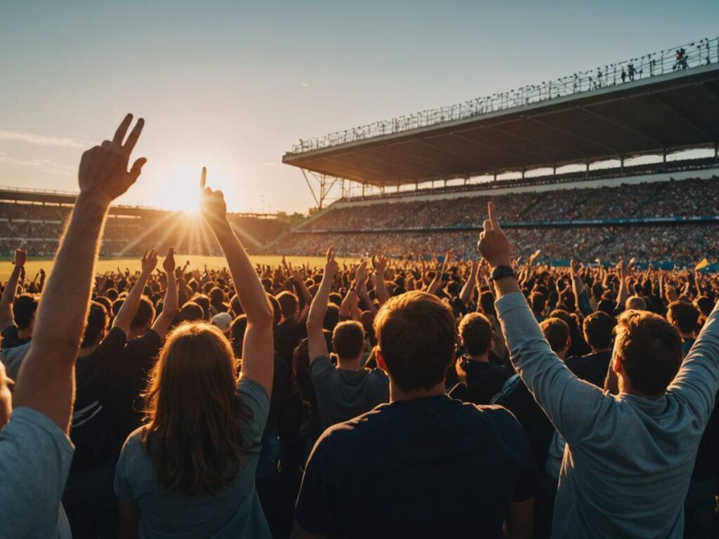 Fans cheering at a football stadium during sunset.