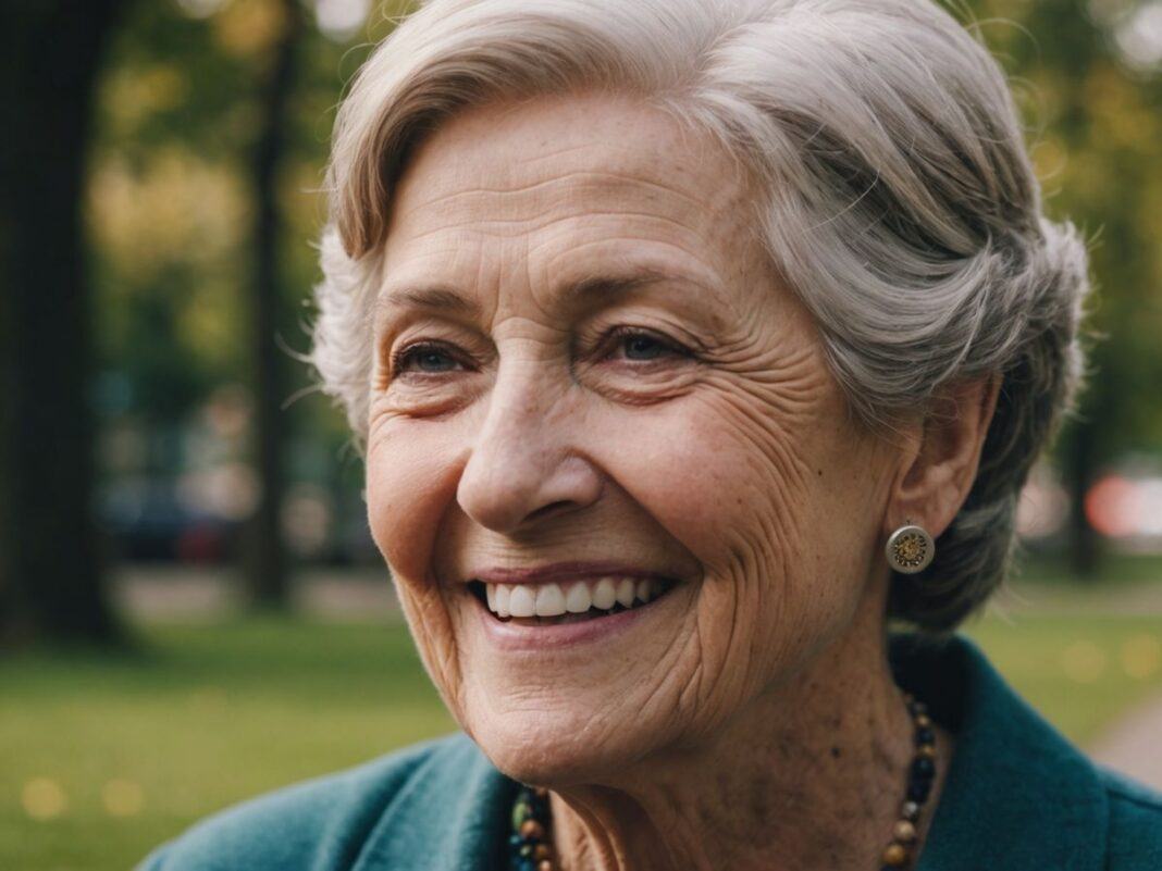 Elderly woman with cochlear implant smiling joyfully.