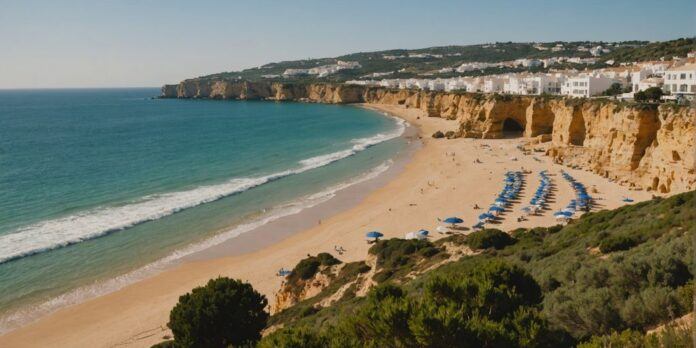 Albufeira coastline with beaches and cliffs under a clear sky.