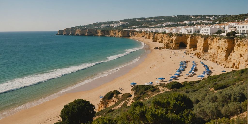 Albufeira coastline with beaches and cliffs under a clear sky.