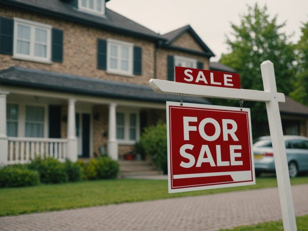 House with 'For Sale' sign and tax symbol