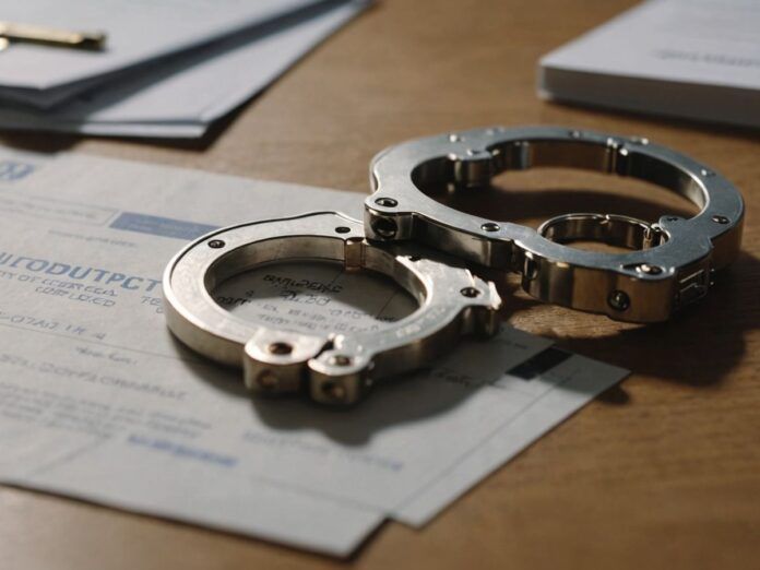 Handcuffs, euros, and property documents on a table