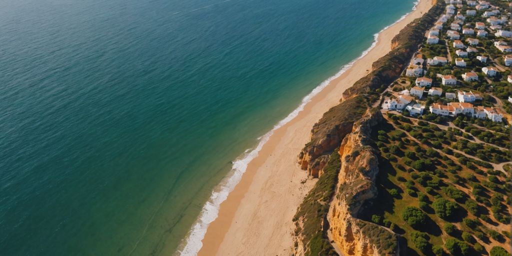 Aerial view of Algarve's coastline with golden beaches.