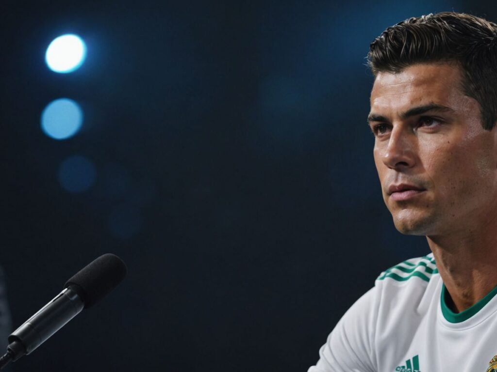 Cristiano Ronaldo at a press conference, looking thoughtful