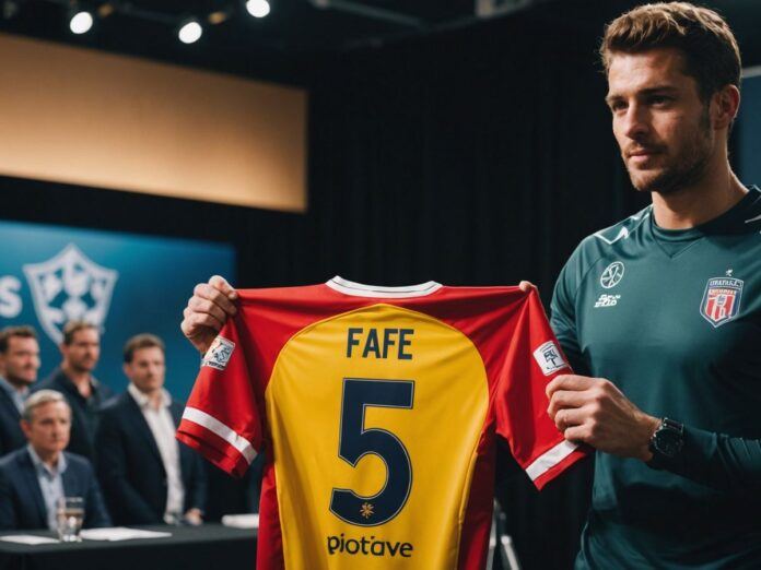 Fafe's new signing proudly displays team jersey at event.