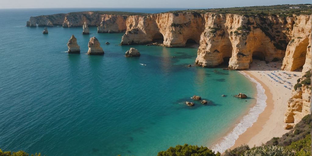 Aerial view of Algarve's beautiful cliffs and ocean