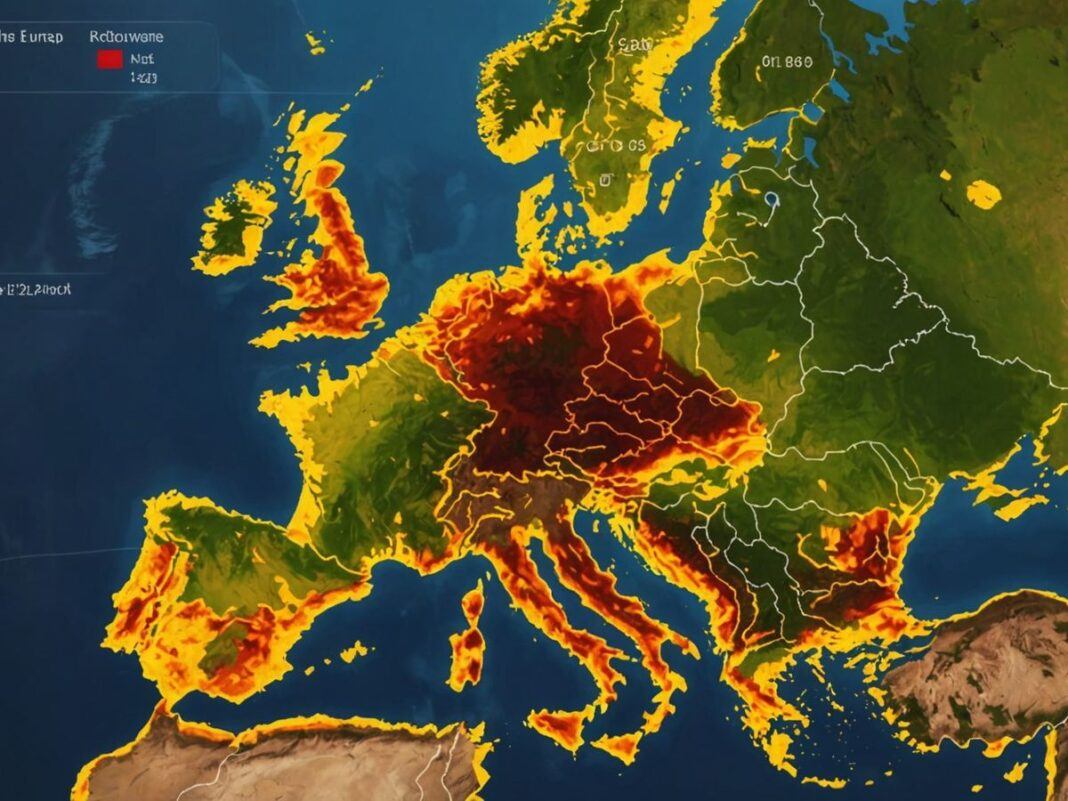 Heatwave map of Europe highlighting Greece, Spain, Portugal, France.