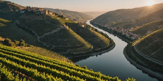 Douro Valley vineyards and river at sunset in Portugal.