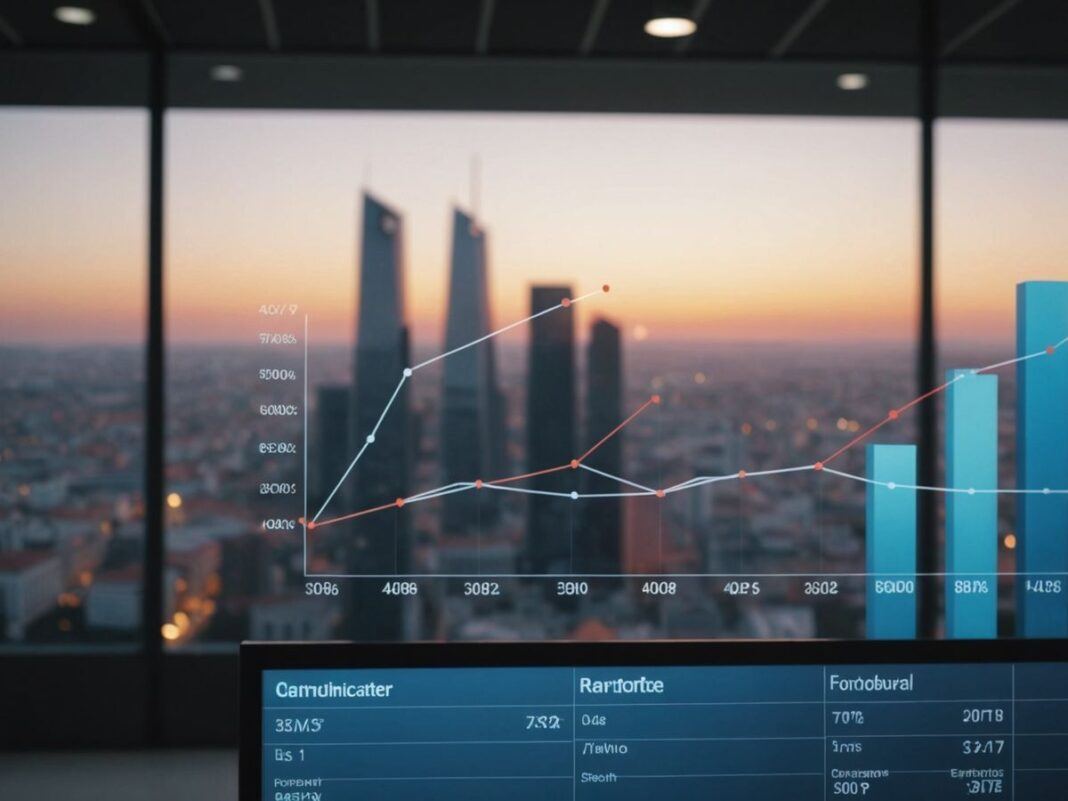 Altice Portugal headquarters with financial growth chart overlay