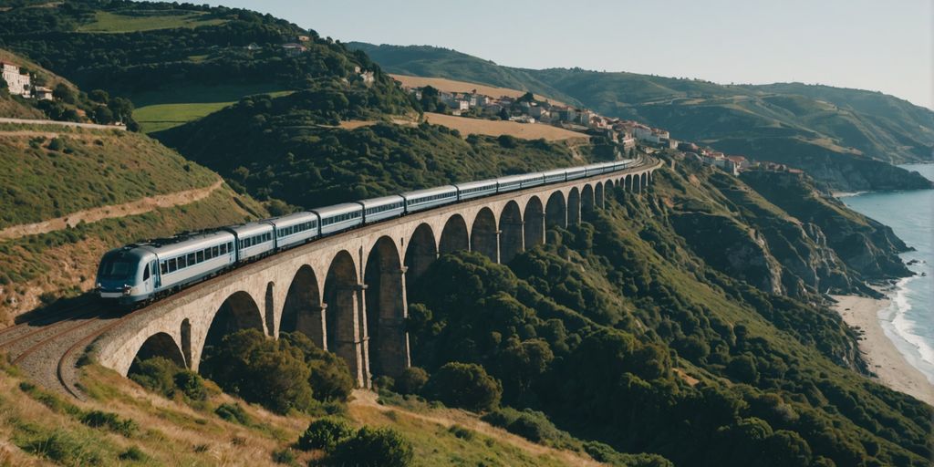 Train traveling along the coast from Lisbon to Porto