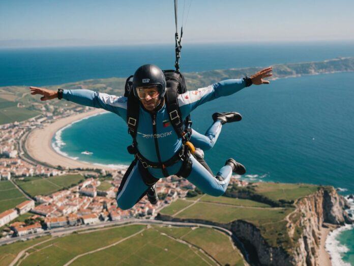 Skydiver in freefall over Portugal's scenic coastline.