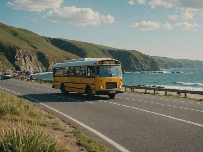 Bus on coastal road with beachgoers in summer.