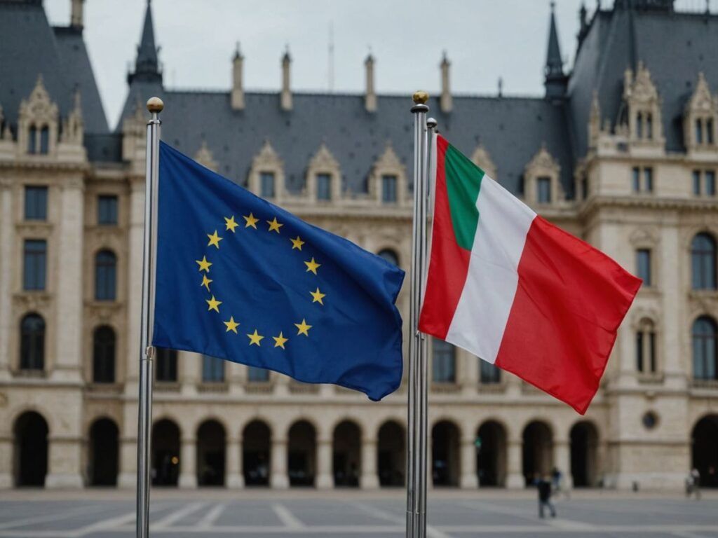 Flags of France and Hungary in front of EU Parliament