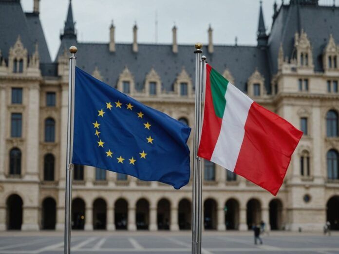 Flags of France and Hungary in front of EU Parliament