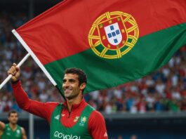 Portuguese athletes celebrating Olympic wins with national flag