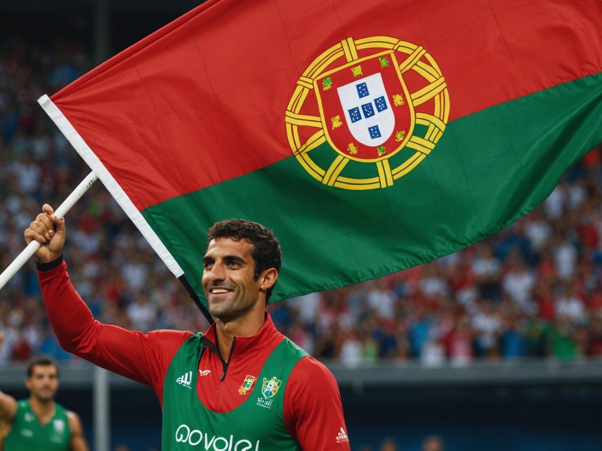 Portuguese athletes celebrating Olympic wins with national flag