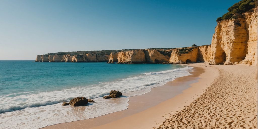 Golden beaches and blue waters in Algarve, Portugal.