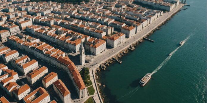 Aerial view of Lisbon's landmarks and coastline.