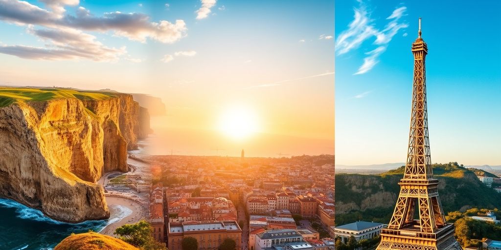 Portugal cliffs, Spain cityscape, France Eiffel Tower