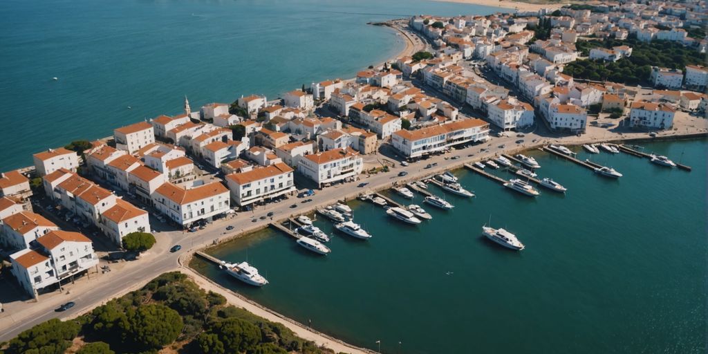 Aerial view of Fuseta's coastal town and boats.