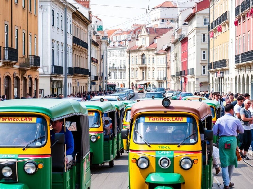 Lisbon street crowded with tuk-tuks and tourists