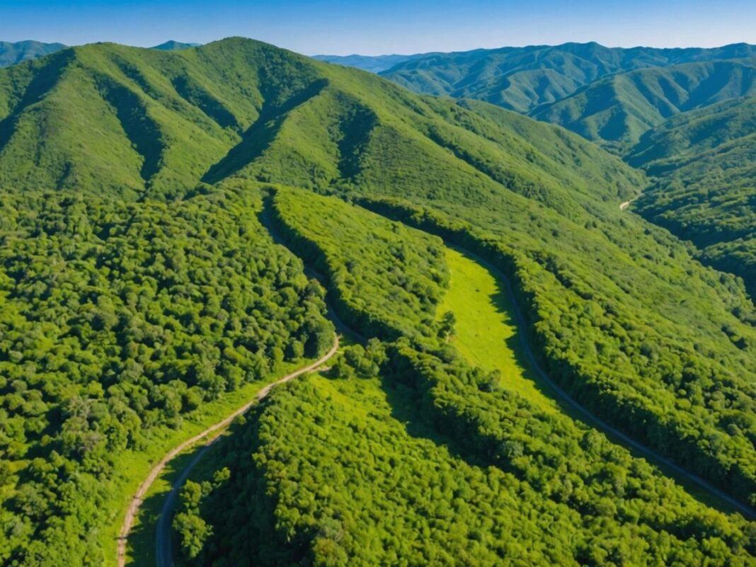 Aerial view of forest with firebreak path