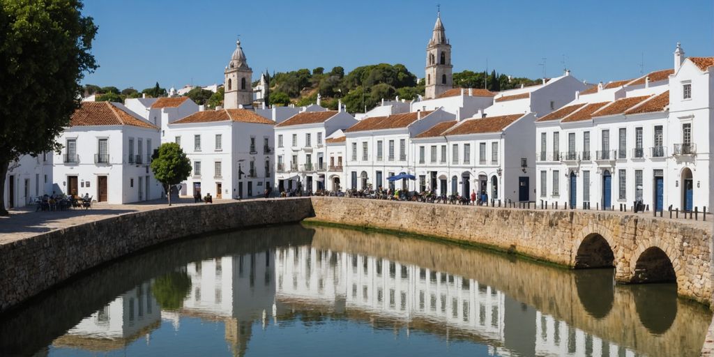 Tavira's old town with cobblestone streets and river.