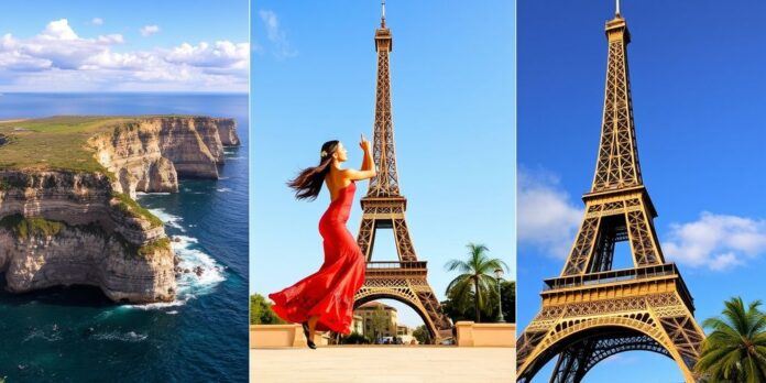 Portugal cliffs, Spain dancers, France Eiffel Tower