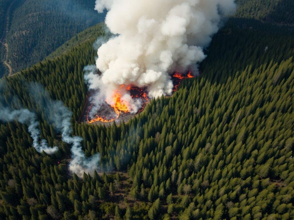 Firefighters battling a large forest wildfire